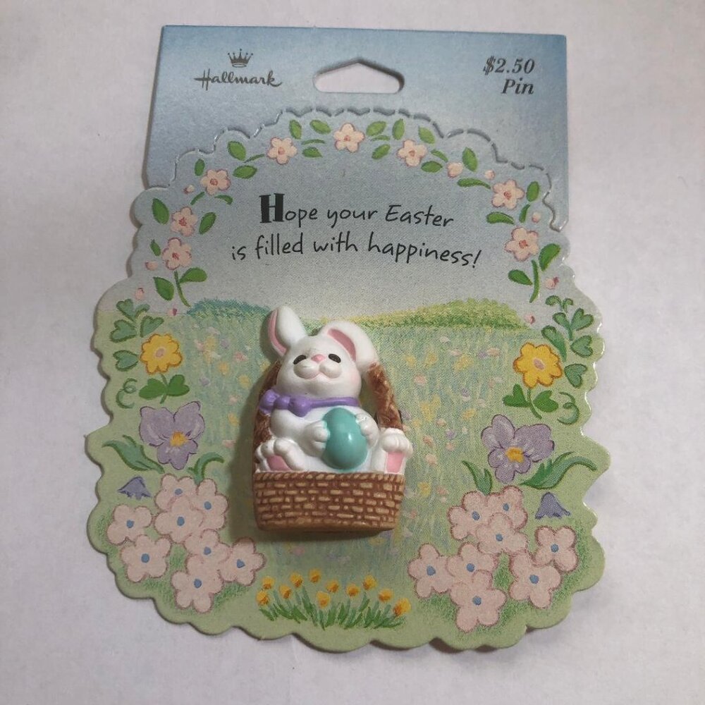 New Vintage Hallmark Easter Spring Lapel Pin Bunny in Basket with Egg Brooch